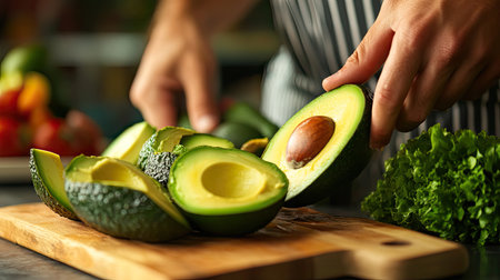 A close-up view of hands skillfully slicing fresh avocado on a wooden cutting board in a bright and vibrant kitchen. Perfect for promoting healthy eating and cooking.の素材