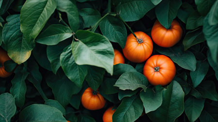 A stunning close-up of ripe oranges hidden among rich green leaves, showcasing the harmony of nature. This vibrant image captures freshness and natural beauty, perfect for food-related themes and organic lifestyle representations.の素材