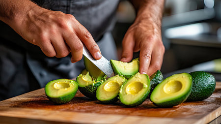 A close-up view of skilled hands slicing ripe avocado on a wooden cutting board, showcasing the vibrant green fruit in a modern kitchen setting.の素材