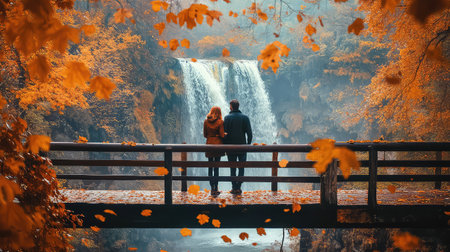 A serene moment captures a couple standing on a wooden bridge overlooking a stunning waterfall, framed by vibrant autumn leaves. The tranquil environment highlights the beauty of nature and romance.の素材