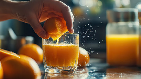 A vibrant image capturing the process of squeezing fresh oranges to create juice. The bright colors and splashes evoke feelings of freshness and health.の素材