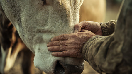 A farmer gently touches a cow's nose, showcasing the bond between humans and animals in a calm farm setting at sunrise, evoking feelings of peace and affection.の素材