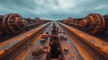 This image captures a close-up view of rusty train tracks extending into the distance under a moody sky, showcasing industrial beauty and a sense of adventure.の素材