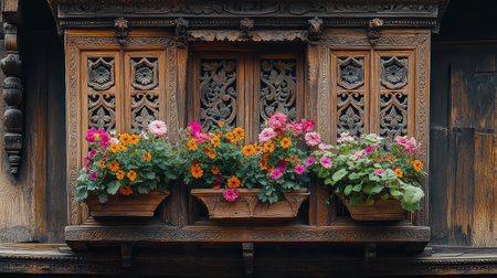 This image showcases vibrant flower boxes overflowing with colorful blooms, framed by an intricately carved wooden window. Perfect for nature and architecture themes.の素材