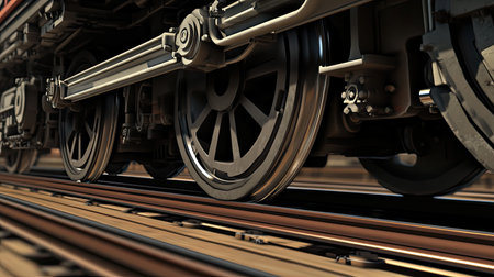 This image features a close-up of vintage train wheels on tracks, emphasizing intricate metal details and machinery, showcasing industrial heritage.の素材