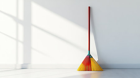 A vibrant broom leans against a minimalist wall, casting soft shadows in brilliant light. This clean and simple space reflects a tidy and fresh environment.の素材