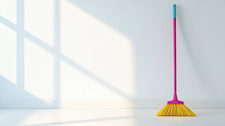 A colorful broom stands alone against a sunlit wall, casting shadows on a clean, minimalist floor, embodying a sense of freshness and neatness.の素材