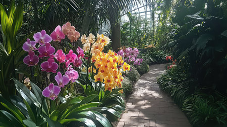 A scenic pathway surrounded by vibrant orchids in a lush greenhouse, showcasing a stunning array of colorful flowers under bright sunlight. Perfect for nature lovers.の素材