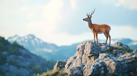 A stunning deer stands gracefully atop a rocky outcrop, surrounded by breathtaking mountain scenery and soft clouds, embodying the beauty of nature.の素材