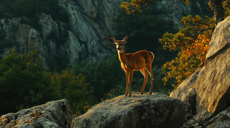A majestic deer stands gracefully on a rock, illuminated by soft golden light. Surrounded by vibrant foliage and rugged mountains, this serene view captures the beauty of nature at twilight, creating a peaceful and enchanting atmosphere.の素材