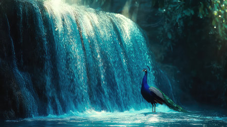 A magnificent peacock stands near a serene waterfall, displaying vibrant feathers amid lush greenery. The scene captures the tranquility and beauty of nature.の素材