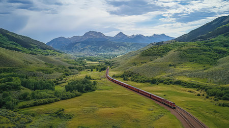 A stunning aerial perspective captures a train winding through lush green hills, surrounded by majestic mountains and a bright sky, evoking adventure.の素材