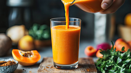 A vibrant orange juice is poured into a glass, showcasing fresh ingredients and a rustic kitchen setting. The scene captures the essence of healthy drinking.の素材