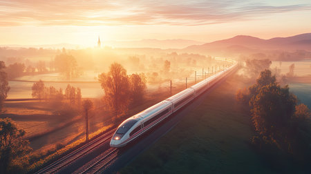 A stunning high-speed train accelerates through a tranquil countryside at sunrise, capturing the essence of modern travel and scenic beauty in rural landscapes.の素材