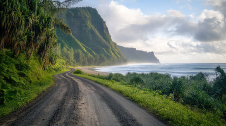 Experience the beauty of a scenic coastal road surrounded by lush cliffs and gentle waves. Explore this tranquil path that invites adventure and serenity.の素材