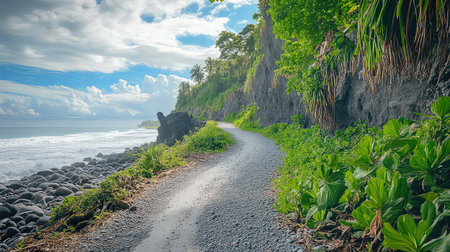 Beautiful coastal pathway lined with lush greenery leads to a stunning view of the ocean, rocky shoreline, and dramatic cliffs under a vibrant blue sky.の素材