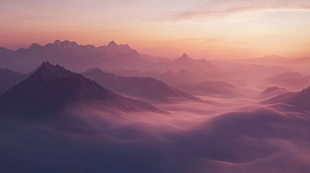 A breathtaking view of majestic mountains rises above a soft mist, illuminated by a colorful dawn sky. This tranquil landscape invites exploration and reflection.の素材