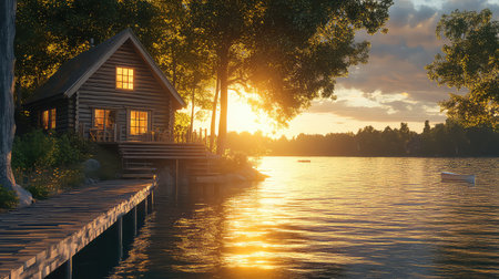 A serene lakeside cabin bathed in golden sunset light reflects on the water, surrounded by lush trees and a peaceful landscape perfect for relaxation.の素材