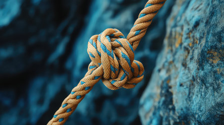 A captivating close-up image of a knotted rope skillfully tied against a rugged rock surface. The combination of textures and colors highlights outdoor adventure and craftsmanship.の素材