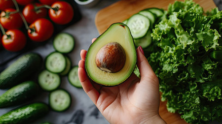 A vibrant display of fresh ingredients featuring a halved avocado held in a hand, surrounded by leafy greens, cucumbers, and juicy tomatoes, ideal for healthy meal ideas.の素材