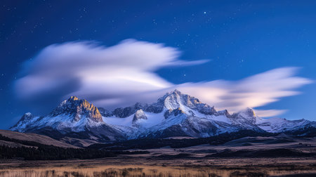 A stunning view of majestic snow-capped mountains highlighted by vibrant clouds, captured under a starry night sky, showcasing natural beauty and tranquility.の素材