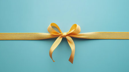 A vibrant yellow ribbon bow is elegantly arranged on a soft blue background, perfect for highlighting themes of celebration, gifting, and decoration.の素材