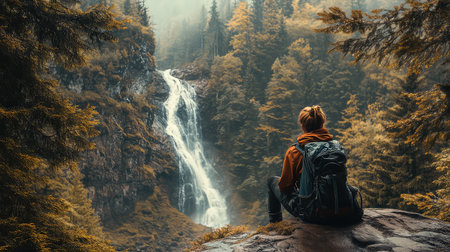 A solitary hiker sits on a rock, surrounded by a mesmerizing forest scene. The waterfall cascades down amidst vibrant autumn hues, creating a serene atmosphere.の素材