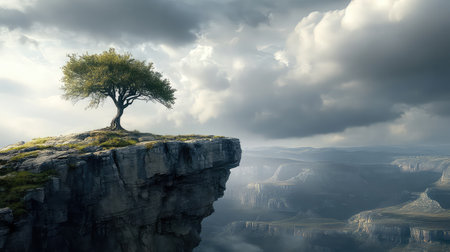 Stunning image of a lone tree perched on a rocky cliff, surrounded by dramatic clouds and illuminated by gentle sunlight, creating a peaceful atmosphere.の素材