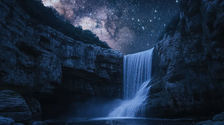 This stunning image captures a magnificent waterfall cascading down dramatic rocks under a star-filled sky. The Milky Way glows above the tranquil scene, creating a mesmerizing atmosphere perfect for nature lovers and photographers.の素材
