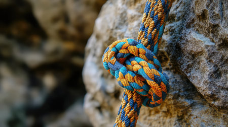 A vibrant climbing rope knot, featuring striking blue and orange colors, is tightly secured on a rough stone surface, embodying adventure and nature.の素材