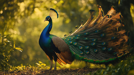 A magnificent peacock stands gracefully, showcasing its vibrant and intricate feathers while basking in soft sunlight amid a lush green backdrop.の素材