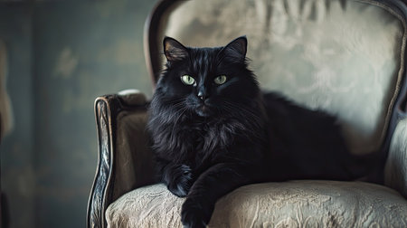 A striking black cat rests gracefully on a vintage armchair, illuminated by soft natural light, showcasing its beautiful fur and captivating green eyes.の素材
