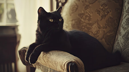 A graceful black cat rests on an ornate vintage chair, exuding a sense of tranquility. Soft light filters in, creating a serene atmosphere perfect for home environments.の素材