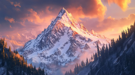 A stunning view of a snow-capped mountain at sunset, surrounded by lush forests and dynamic clouds, ideal for outdoor enthusiasts and nature lovers.の素材