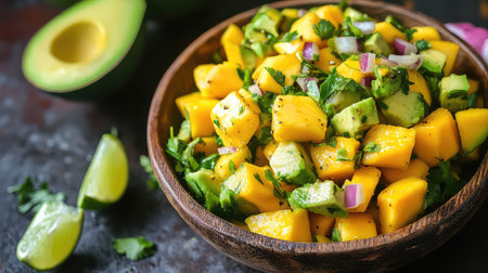 This enticing mango avocado salad combines vibrant colors and flavors, featuring fresh ingredients like cilantro and lime. Perfect for summer meals!の素材