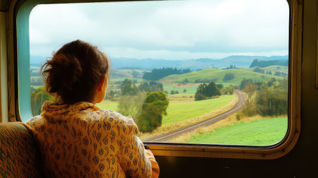A serene view from inside a train, showcasing a woman gazing out at lush green fields and hills, evoking feelings of wanderlust and tranquility.の素材