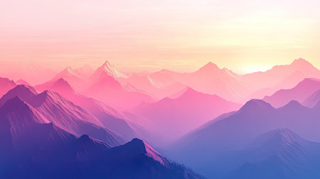 This artistic depiction of a mountain landscape captures a serene sunrise filled with soft hues of pink and purple. The gentle gradients create a tranquil atmosphere, perfect for conveying a sense of peace and natural beauty.の素材