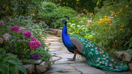 A stunning peacock strolls through a blooming garden filled with colorful flowers and lush greenery, showcasing nature's beauty and vibrant colors.の素材