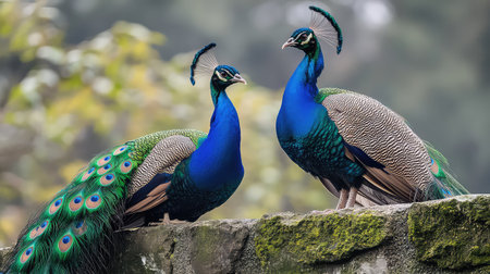 A captivating scene featuring a pair of vibrant peacocks, showcasing their stunning feathers while perched on a moss-covered stone wall in a serene environment.の素材