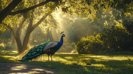 A magnificent peacock stands proudly in a lush, green park, illuminated by gentle sunlight filtering through surrounding trees, creating a tranquil atmosphere.の素材