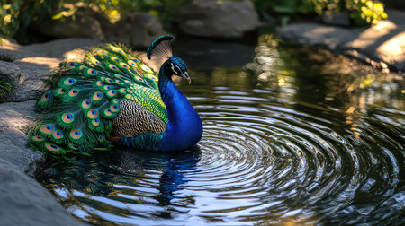 A stunning peacock stands gracefully by the calm water, its vibrant feathers spreading across the scene. The lush backdrop adds to the tranquil ambiance.の素材