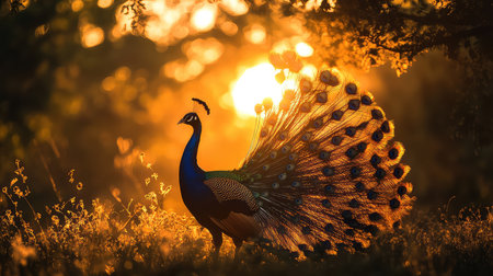 A striking peacock showcases its iridescent feathers in a breathtaking display as the sun sets in the background, highlighting the beauty of nature.の素材