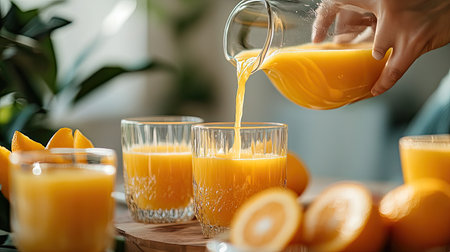 A hand pours freshly squeezed orange juice into clear glasses, surrounded by vibrant oranges and greenery, perfect for a refreshing brunch or healthy start.の素材