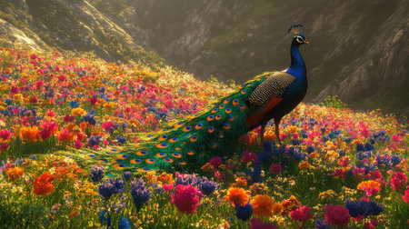 A stunning peacock struts gracefully through a vibrant meadow filled with a wide array of colorful wildflowers, illuminated by warm sunlight.の素材