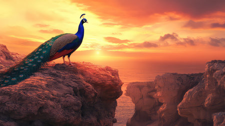 A stunning peacock stands proudly on a rocky cliff, showcasing its vibrant feathers against a breathtaking sunset over the ocean horizon.の素材