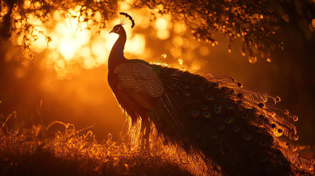 A stunning silhouette of a majestic peacock showcasing its vibrant feathers against a warm, glowing sunset. This image captures the elegance and tranquility of nature, highlighting the beauty of wildlife in a captivating outdoor setting.の素材
