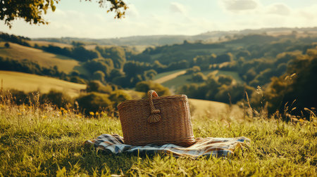 A cozy picnic basket rests on a checkered blanket on the vibrant green grass, surrounded by scenic hills and soft sunlight, evoking serenity and outdoor bliss.の素材