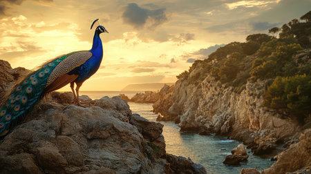 A stunning peacock stands proudly on rocky outcrops, basking in the golden glow of sunset, overlooking the tranquil ocean and dramatic cliffs.の素材