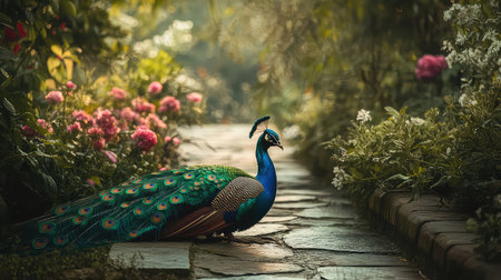 A stunning peacock strolls along a scenic garden path, showcasing its vibrant plumage amidst beautiful flowers and lush greenery, capturing nature's elegance.の素材