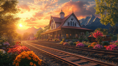 A charming railway station sits gracefully among vibrant flowers and towering mountains, illuminated by a breathtaking sunset. The serene landscape invites tranquility and exploration, embodying the beauty of nature in a picturesque scene.の素材